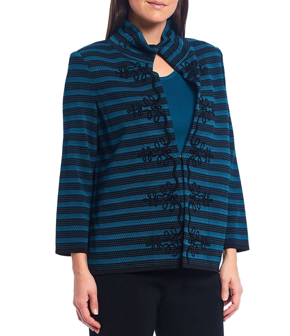Ming Wang Heritage Fit Ruffle Knit Jacket Size Large Teal Black